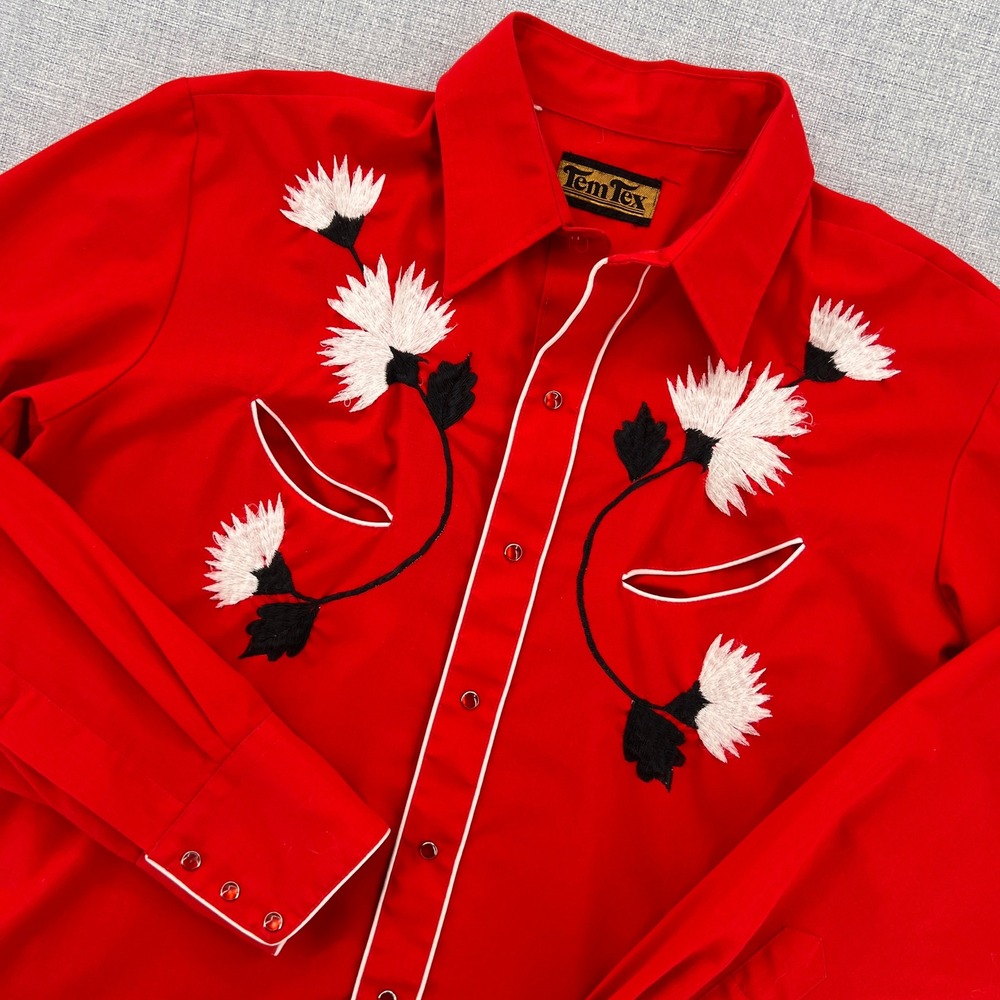 VTG 70s Tem Tex Western Embroidered Pearl Snap Shirt Men M Red Rockabilly Cowboy